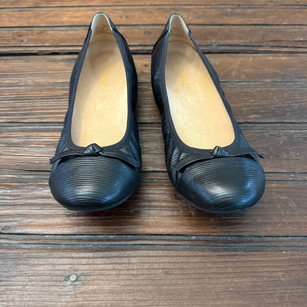 Vionic Amorie Black Textured Leather Ballet Flats Bow Detail Orthotic Shoes 8